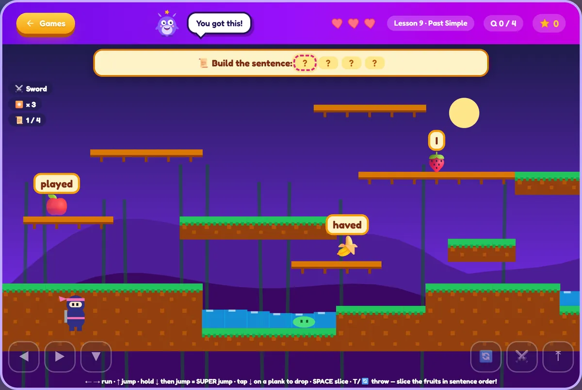 Fruit Ninja Quest: සම්පූර්ණ මට්ටමක් ගවේෂණය කර වාක්‍ය පිළිවෙළට වචන-පලතුරු කපන්න.